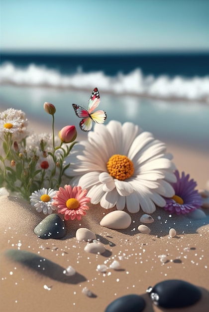 Fleurs de camomille de mer littoral sur fond de surf papillons volants paysage mer sable et fleurs illustration 3d