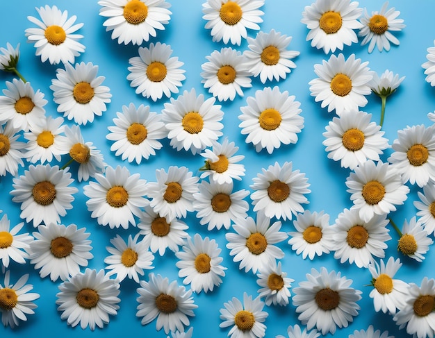 Photo des fleurs de camomille de printemps et d'été sur un fond bleu