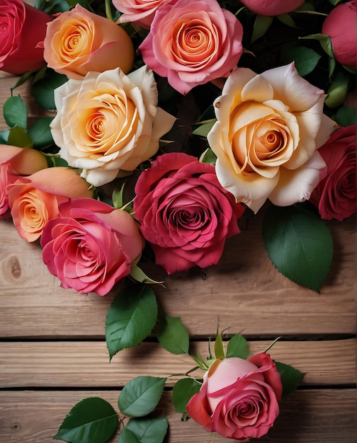 Photo fleurs de carte roses sur fond en bois