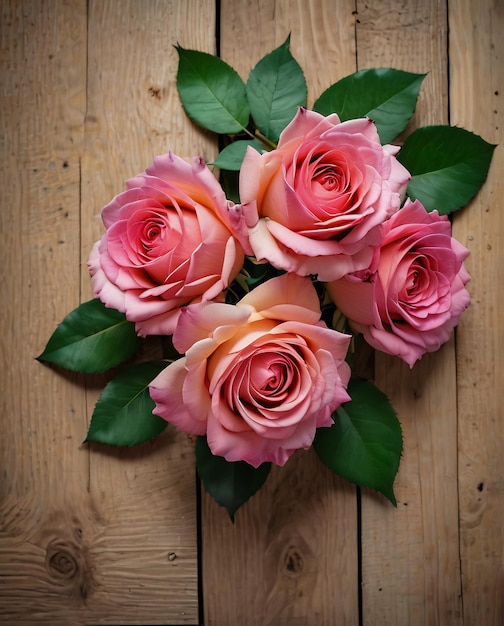 Photo fleurs de carte roses sur fond en bois