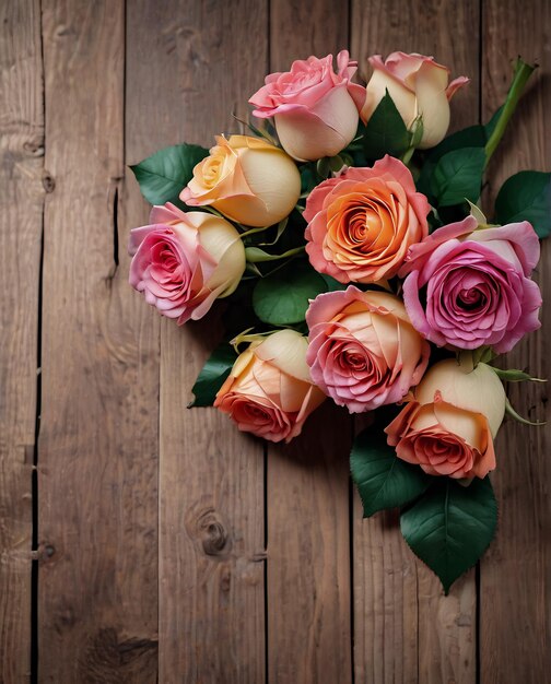 Photo fleurs de carte roses sur fond en bois