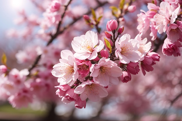 Des fleurs de cerises roses fleurissent sur un arbre avec un fond flou au printemps