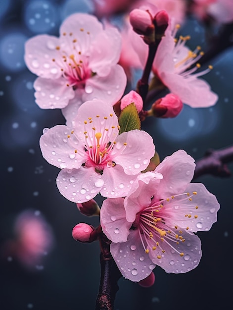 des fleurs de cerises roses avec des gouttes de pluie sur les branches