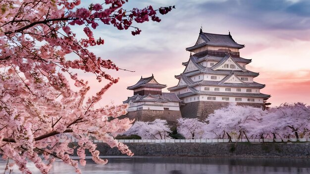 Photo les fleurs de cerisier et le château à himeji au japon