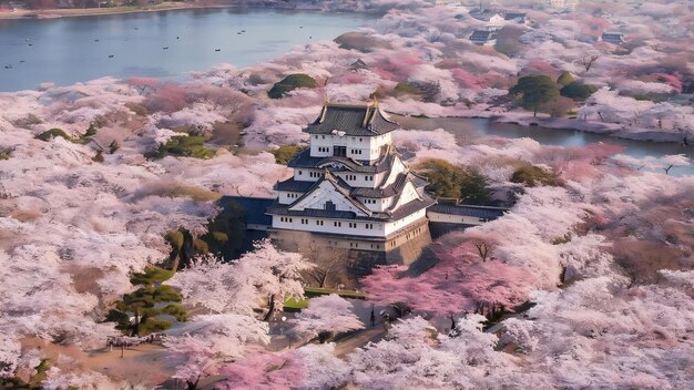 Photo les fleurs de cerisier et le château d'osaka au japon