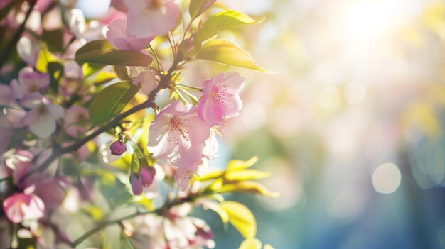 Photo des fleurs de cerisier dans un jardin ensoleillé de printemps à l'arrière-plan flou