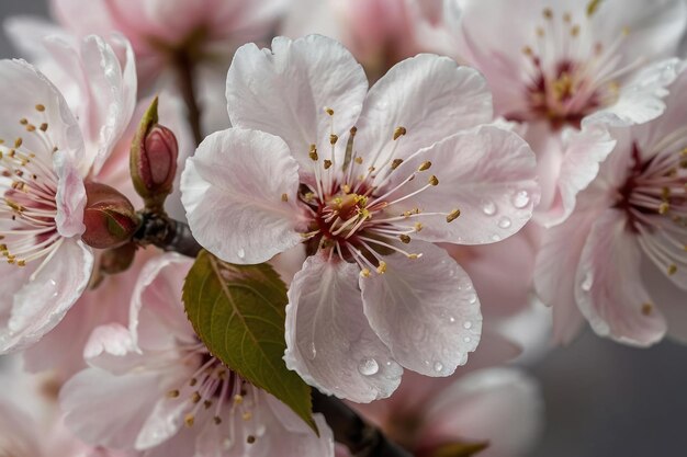 Des fleurs de cerisier délicates avec des gouttes de rosée