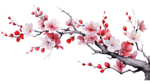 Des fleurs de cerisier élégantes sur une branche tordue Aquarelle Tranquillité IA générative