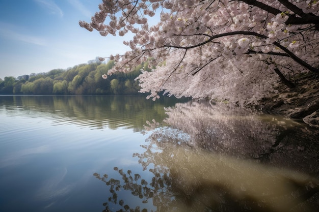 Fleurs de cerisier fleurissent sur un lac immobile avec une réflexion visible créée avec une IA générative