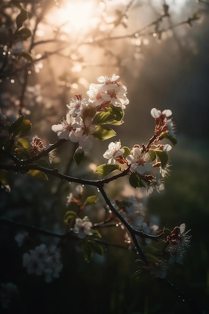 Fleurs de cerisier en fleurs dans les rayons du soleil se bouchent