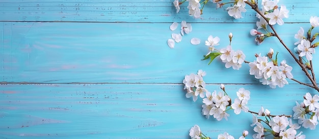 Des fleurs de cerisier sur un fond en bois bleu dans une vue supérieure avec de l'espace pour le texte