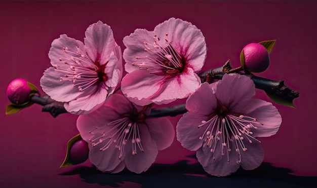 Fleurs de cerisier sur fond magenta flou Thème de printemps