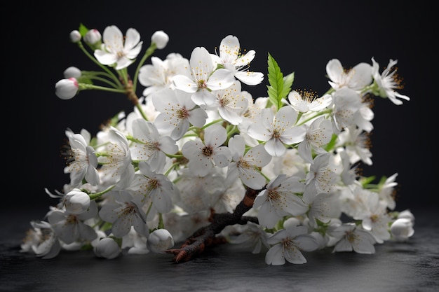 Fleurs de cerisier avec des gouttes d'eau sur fond sombre ai générative