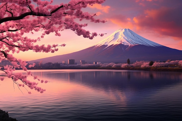 Photo les fleurs de cerisier et le mont fuji au printemps au lever du soleil ar 32 c 25