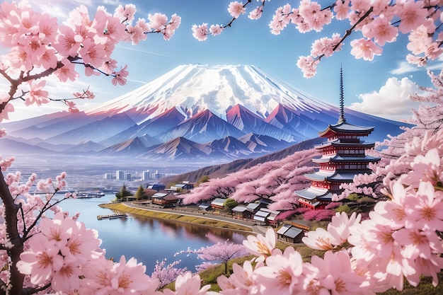 Les fleurs de cerisier et la montagne Fuji au printemps au lever du soleil