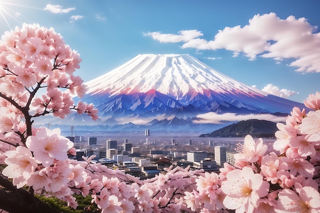 Les fleurs de cerisier et la montagne Fuji au printemps au lever du soleil