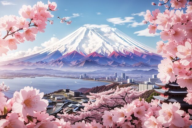 Les fleurs de cerisier et la montagne Fuji au printemps au lever du soleil