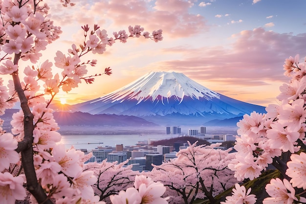 Les fleurs de cerisier et la montagne Fuji au printemps au lever du soleil