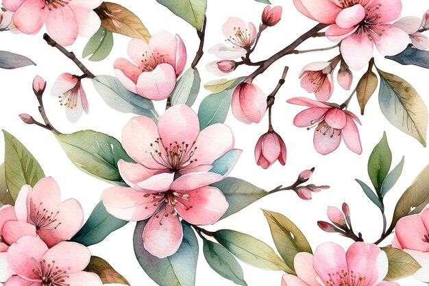 Des fleurs de cerisier en pleine floraison Un joli ensemble de fleurs de printemps peintes à la main Illustration à l'aquarelle