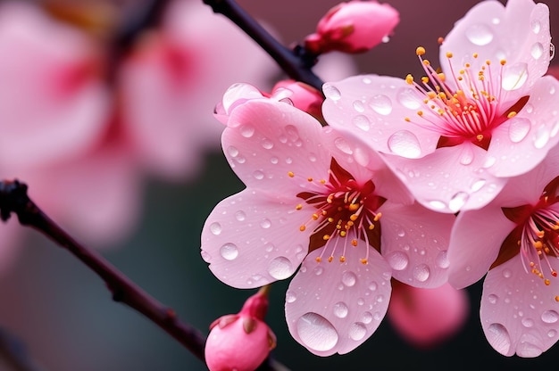 Des fleurs de cerisier rose doux couvertes de gouttes de rosée étincelantes