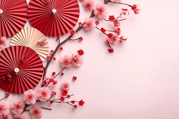 Fleurs de cerisier roses et vue de dessus des fans traditionnels chinois Bannière avec espace pour votre propre contenu Espace vide pour l'inscription