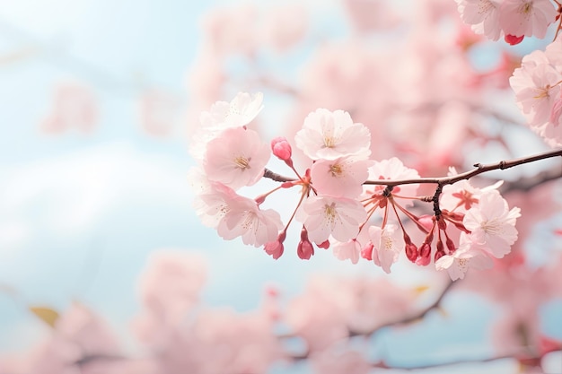 fleurs de cerisier sakura sur le fond bleu du ciel fleurs de cirèze sakura au printemps fond doux AI généré