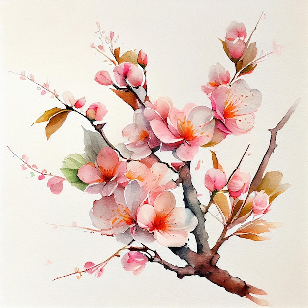 Fleurs de cerisier sakura et illustration aquarelle de branche