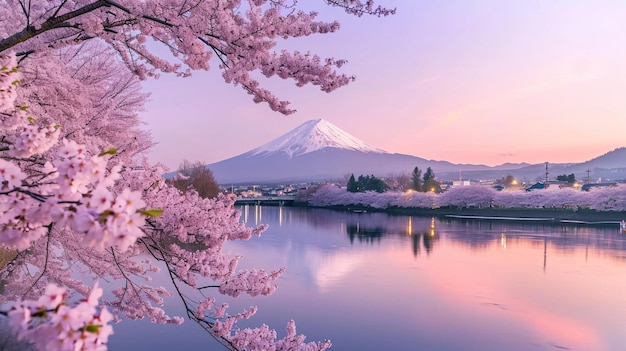 Les fleurs de cerisier ou Sakura et la montagne Fuji à la rivière le matin Generative Ai