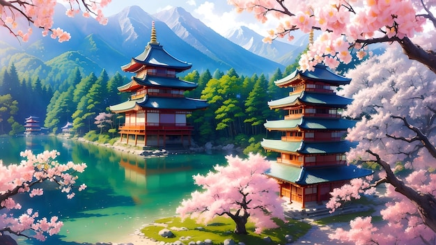 Les fleurs de cerisier sont en pleine floraison avec le temple et le magnifique paysage