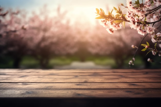 Fleurs de cerisier sur une table en bois avec un arrière-plan flou