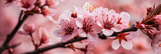 Des fleurs de cerisiers douces et délicates sont magnifiquement disposées sur un fond rose doux