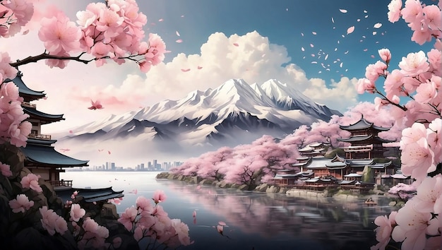 Photo fleurs de cerisiers japonaises et illustrations d'art rapide culturel