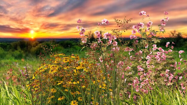 fleurs sur un champ sauvage au coucher du soleil nuages dramatiques sur la bannière de modèle de fond d'été de ciel