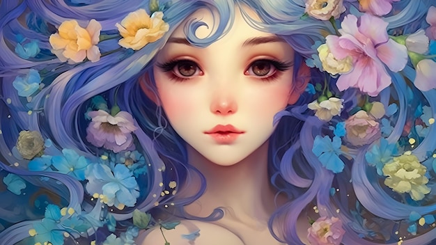Fleurs sur les cheveux anime girl enchanteur Anime girl aux cheveux bleus floral