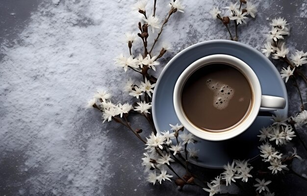 fleurs de chicorée et herbes et tasse de café sur un fond gris enneigé