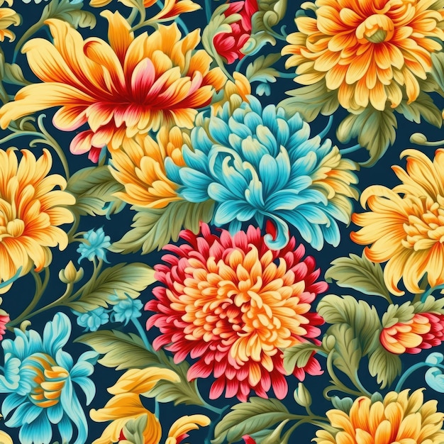 Fleurs de chrysanthème associées à des motifs cachemire motif sans couture généré par l'IA