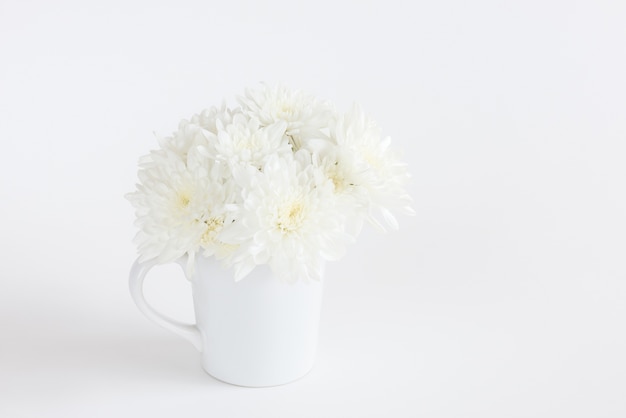 Fleurs de chrysanthème blanc dans une tasse en céramique sur fond blanc