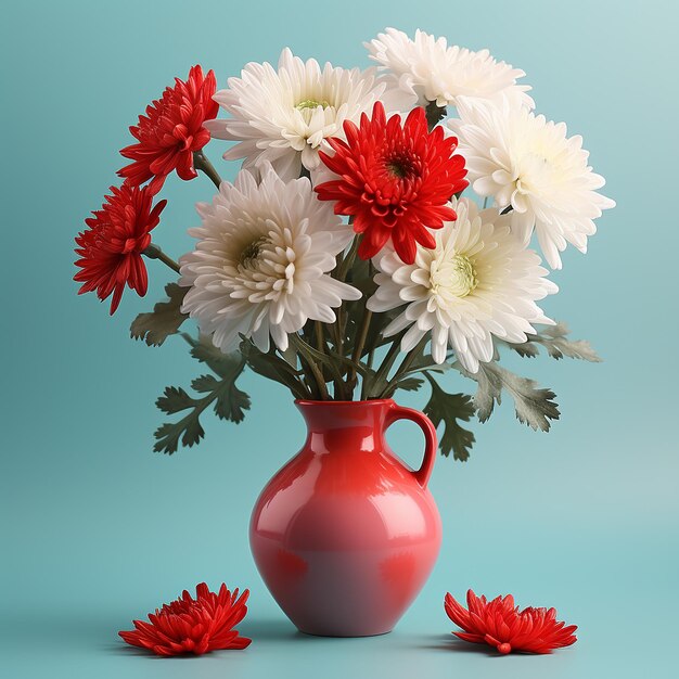 Fleurs de chrysanthème dans un vase Deux cœurs rouges fond de la Saint-Valentin intérieur rétro
