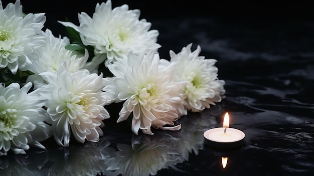 Photo des fleurs de chrysanthèmes blancs et des bougies allumées