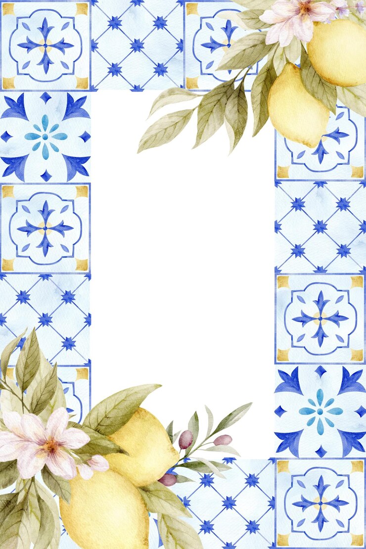 Photo des fleurs de citron, des olives et des contes bleus de la méditerranée illustration à l'aquarelle