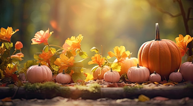 fleurs et citrouilles avec des feuilles d'automne chaudes devant un fond dans le style de ensoleillé