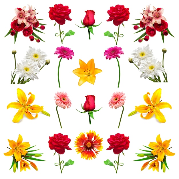 Fleurs De Collection Isolés Sur Fond Blanc. Fleuriste, Bouquets, Cadeau De Mariage. Mise à Plat, Vue De Dessus. Saint Valentin, Mon Amour. Fleurs Roses, Marguerites, Gerbera, Lys