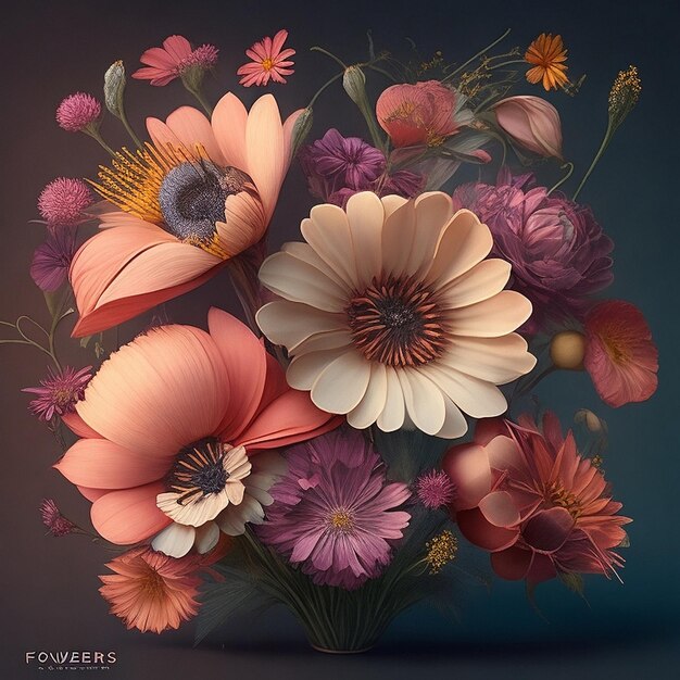 Photo fleurs colorées bouquet vectoriel numérique ensemble de fleurs art floral 3d art floral fleurs