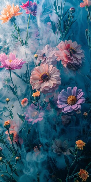 Photo des fleurs colorées dans la brume