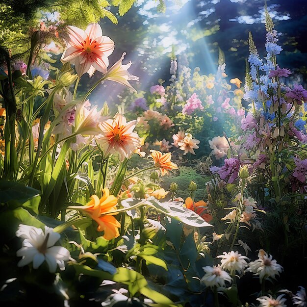 Photo des fleurs colorées dans un jardin à l'ombre