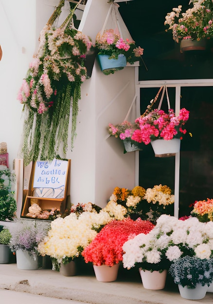 Photo fleurs colorées devant le fleuriste