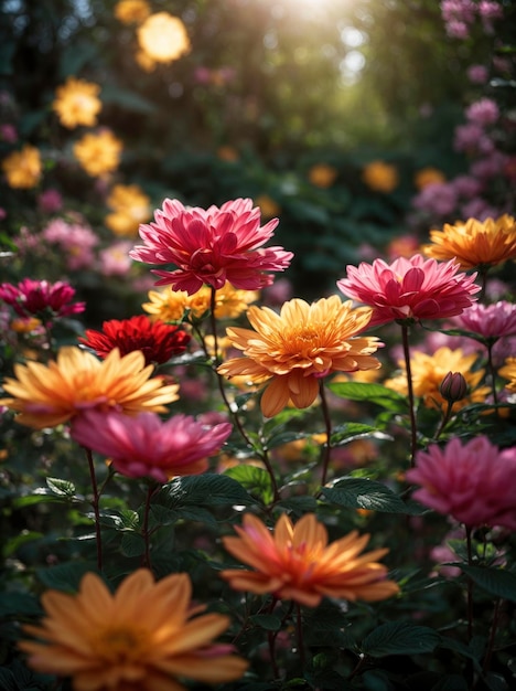 Des fleurs colorées fleurissent dans un jardin ensoleillé