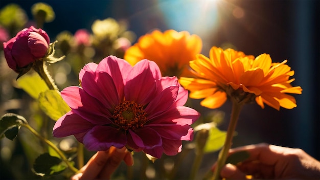 Photo des fleurs colorées par la lumière du soleil