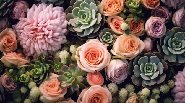 Fleurs colorées de pivoine et de roses fraîches avec des plantes succulentes Fond floral AI générative