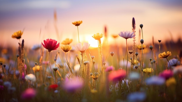 Des fleurs colorées sur le pré au coucher du soleil Arrière-plan de la nature AI générative